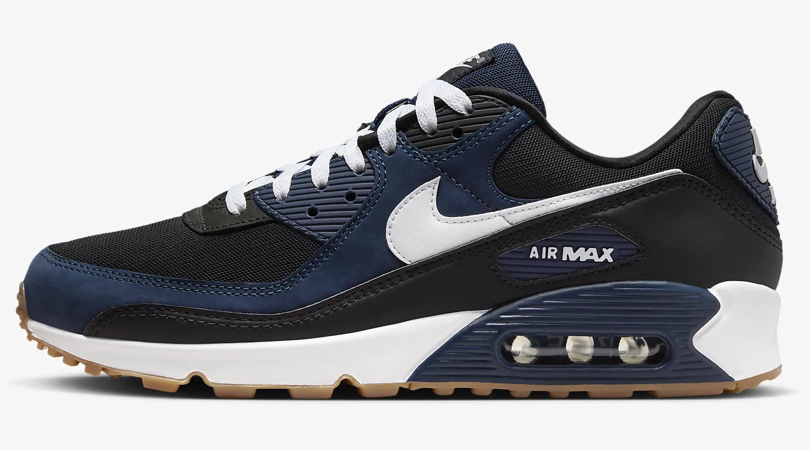 A blue & whit modern re-issue of the Air Max 90 running shoe with an air bubble in the heel