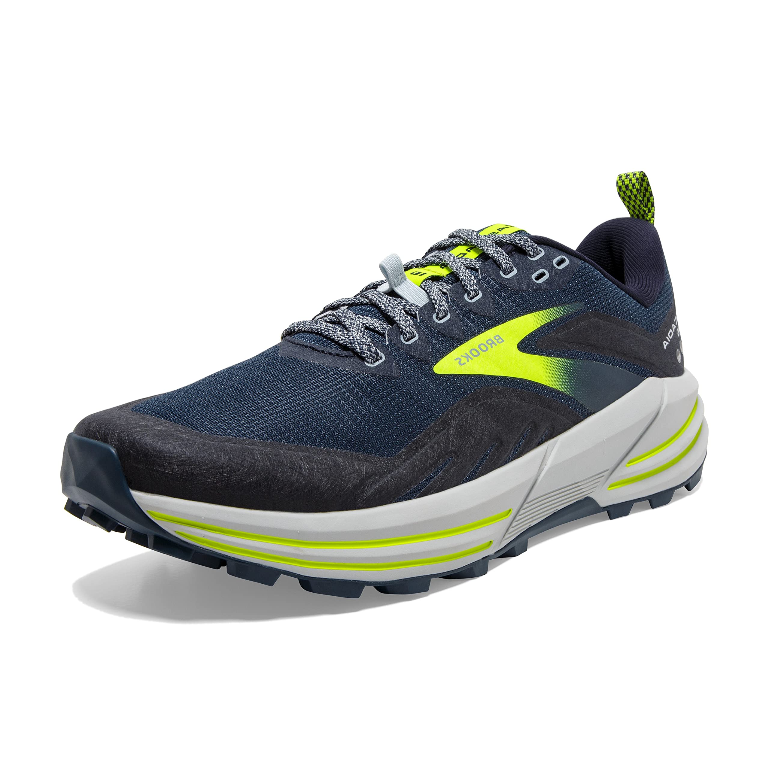 A photo of the Brooks Men's Cascadia 16 trail shoe in blue & yellow
