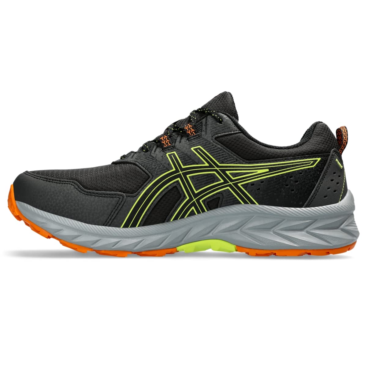 A photo of the ASICS Gel-Venture 9 Waterproof trail shoes in black with yellow trim