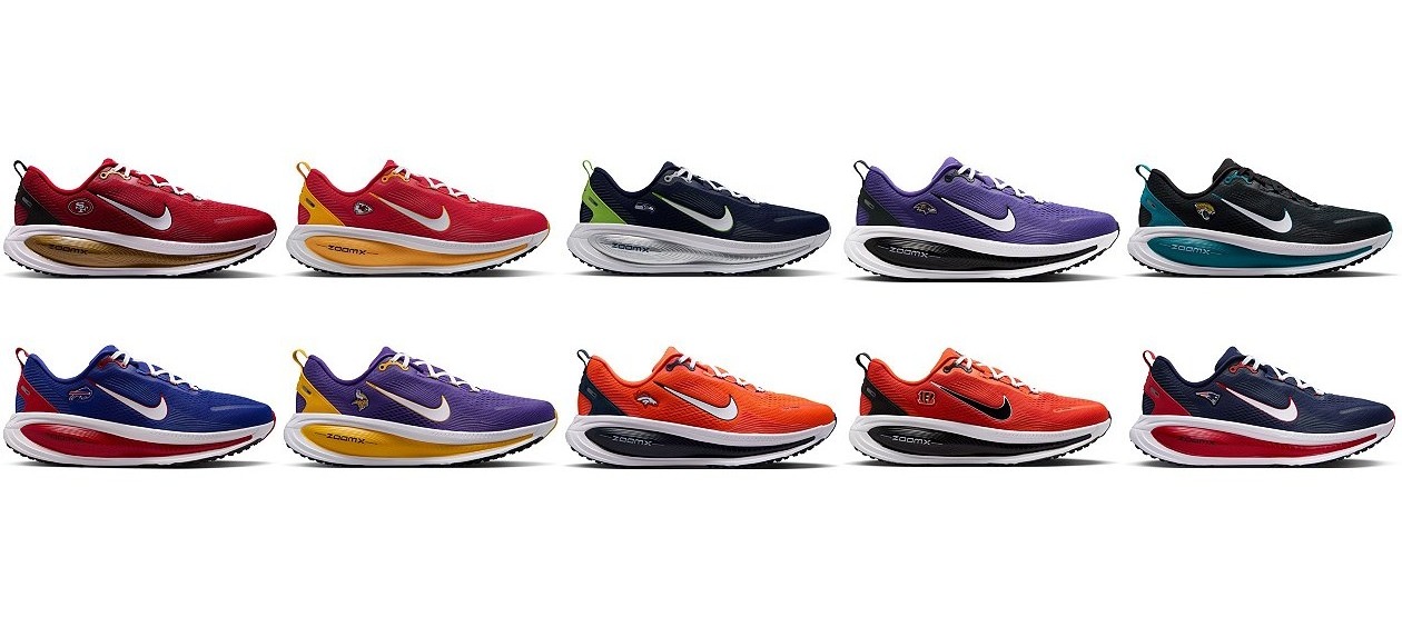 Ten Nike Vomero 18 NFL team shoes in a grid, one for each team in the top ten of the power rankings